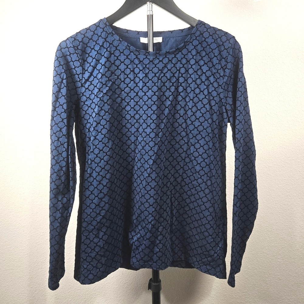 T by Talbots‎ Top Womens Small Navy Blue Velvet Flock Quatrefoil Classic Preppy